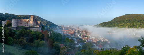 Morning panoramic view of Heidelberg with Castle and Low Fog, Germany