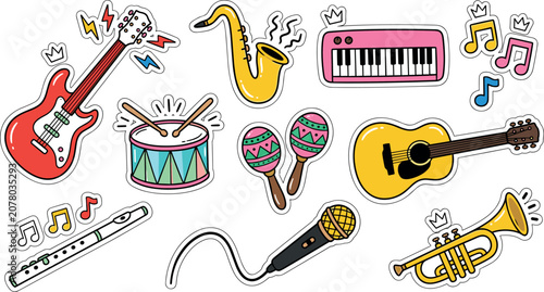 Photos Cute Musical Instruments Sticker Pack with Electric Guitar Drums Saxophone Keybo