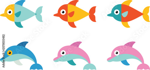 Photography Colorful fish and dolphin vector icon set, cute marine animals swimming elements