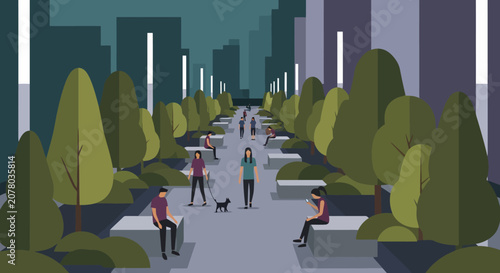 People enjoying a leisurely evening stroll in a modern city park.