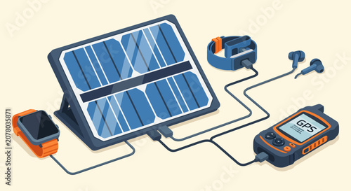 Portable Solar Charger Powering GPS Device and Accessories.