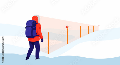 Person with backpack walking in snowy landscape.