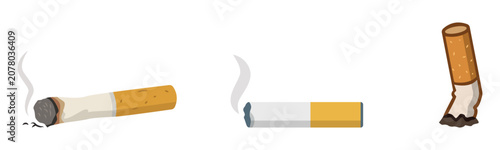 Cigarette and cigarette butt vector set including lit cigarette, smoked cigarette, and cigarette butt. Isolated on transparent background