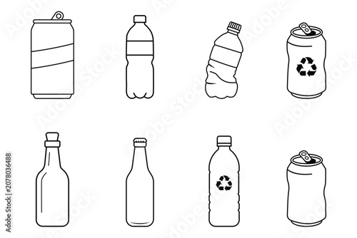 Recyclable beverage container outline icon set featuring plastic bottles, glass bottles, and aluminum cans. Clean vector isolated on transparent background