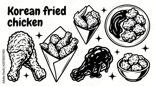 Photos Korean fried chicken isolated vector set, crispy Asian fast food and restaurant