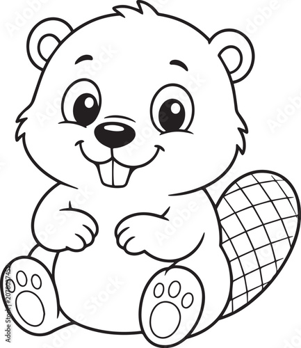 Cute Cartoon Beaver Coloring Page Vector Illustration