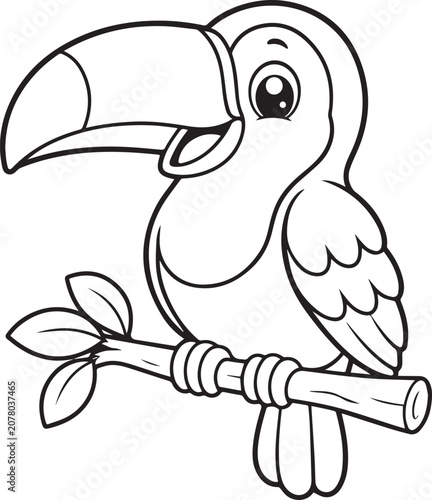 Cute Cartoon Toucan Sitting on Branch Coloring Page Vector Illustration