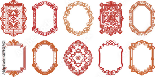 Vintage Red and White Heart Beads Frame Border Set with Circular Labels Ribbons Banners Decorative Ornaments and Vector Design Elements Collection