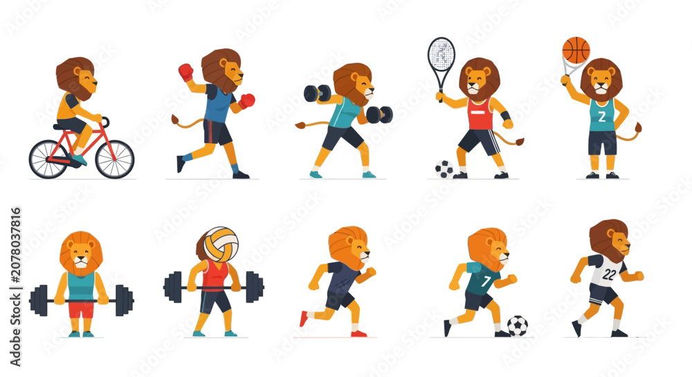 Fototapeta premium Cartoon Lion Athletes Set Playing Various Sports