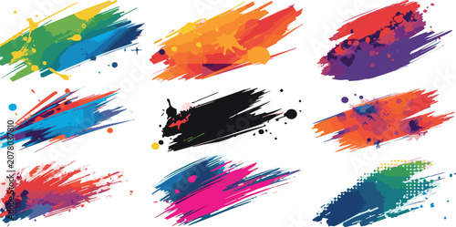 Abstract Colorful Watercolor Splash Set with Artistic Paint Splatter Ink Stains Grunge Texture Brush Elements and Rainbow Abstract Background Vector Illustration for Creative Design
