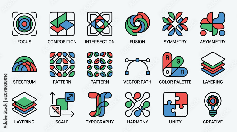 Fototapeta premium Set of professional graphic design concept icons vector collection featuring color palettes tools layering typography unity and creative artistic layout elements.