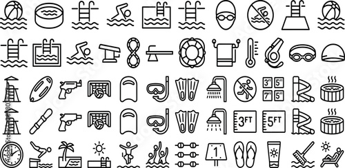 Swimming Pool and Water Sports Line Icon Set Vector Illustration Collection with Equipment Activities and Safety Signs for Summer Recreation Designs