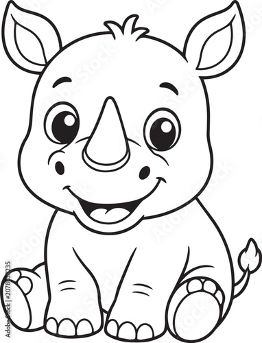 Cute Cartoon Rhinoceros Coloring Page Vector Illustration