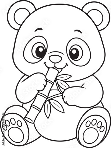 Cute Cartoon Panda Eating Bamboo Coloring Page Vector Illustration