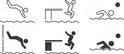 Swimming and Water Sports Stick Figure Icon Set Vector Illustration Collection with Line Art and Silhouette Pictograms of Diving Jumping and Water Polo Actions