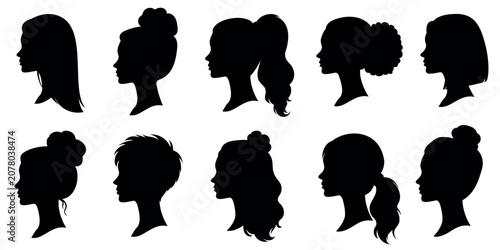 Elegant woman head silhouette set, female side profile and updo bun hairstyle icons