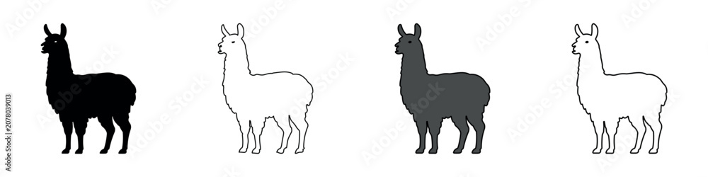 Fototapeta premium Collection of llama icons in various styles: solid black, outline, and gray silhouette