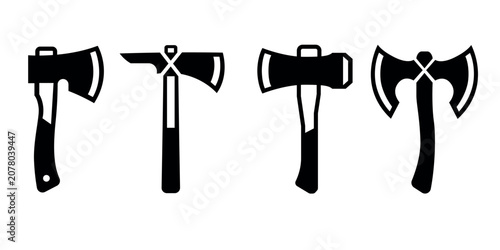 Foto Axe tool silhouette collection, hatchet chopper and battle axe black vector icon