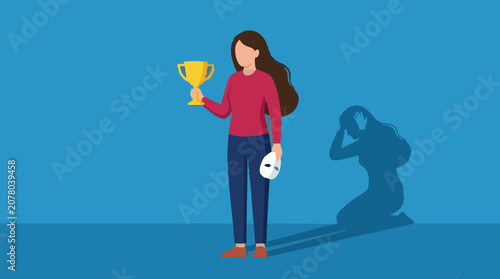 Cuadro en lienzo Woman with trophy and mask, shadow reveals hidden stress and imposter syndrome