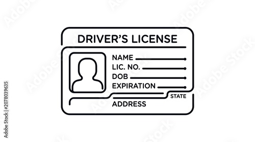 Clean monoline driver license icon featuring balanced geometric lines with modern flat vector styling throughout.