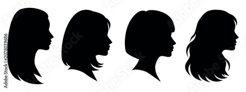 Women long hair silhouette set, female side profile head and straight wavy hairstyle icons