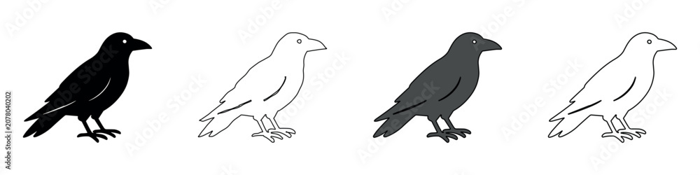 Fototapeta premium Four stylized crow icons in different graphic styles on a white background