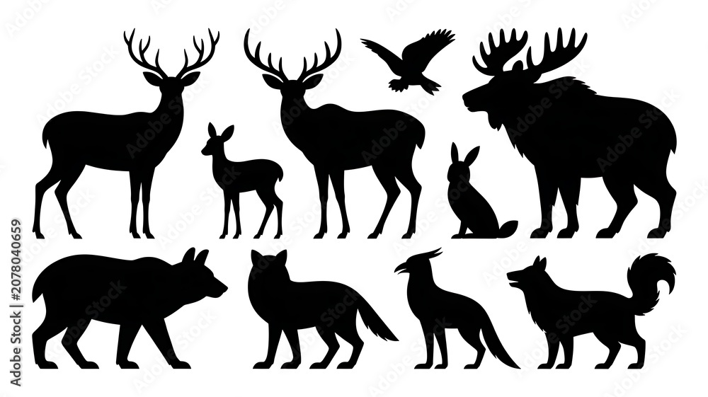 Obraz premium Silhouettes of woodland animals isolated on white background. Deer, doe, favn, moose, bear, fox, hare, owl, bird of prey, chamois, wolf, squirrel.
