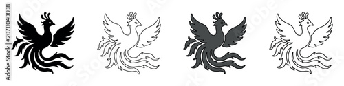 Tableau sur toile Mythical phoenix bird emblem in silhouette, outline, and filled styles