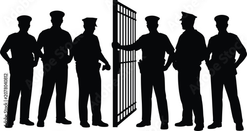 Photos Police officers silhouette vector set, guard opening prison bars gate, law enfor