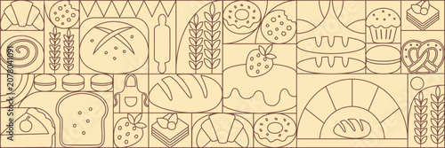 Bread and pastries background. Abstract bakery menu background with line drawing. Geometric pattern bread, croissant, donut. Geometric food pattern.