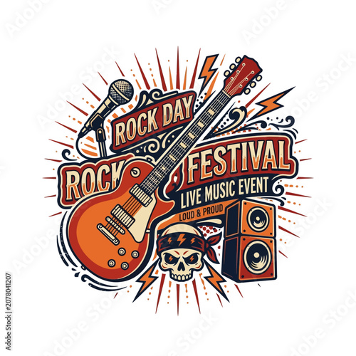 Vintage rock festival poster with electric guitar skull and speakers