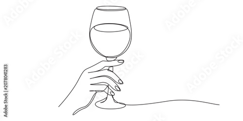 Hand Holding Wine Glass Continuous One Line Drawing, Minimalist Single Line Art, Elegant Stemware Outline Vector Illustration