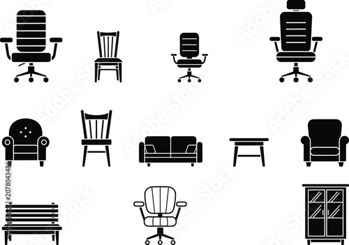 Furniture silhouette icon set including office chairs sofa armchair bench table and cabinet isolated on white background
