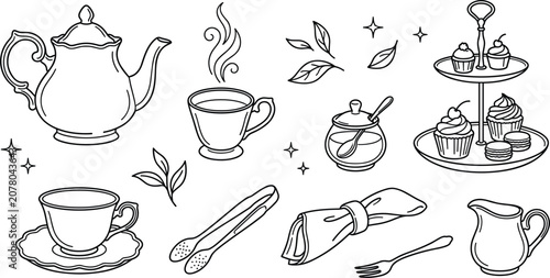 Canvas Print Hand drawn afternoon tea party outline icons set with teapot cups leaves honey s