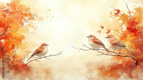 Beautiful Watercolor Painting of Autumn Trees with Singing Birds on Branches