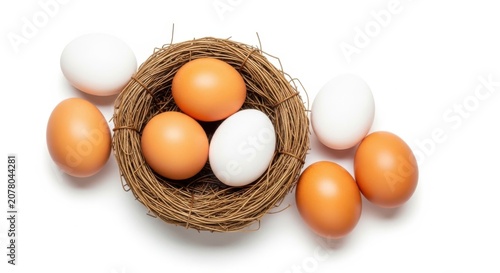 Eggs in a woven bird nest with extra eggs around