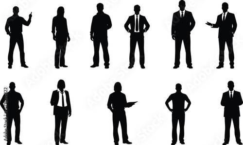 Set of business people silhouettes in various standing poses isolated on white background for office and corporate design