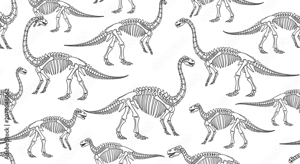 Fototapeta premium Detailed black and white pattern featuring various dinosaur fossils and skeletons repeated across a white background.