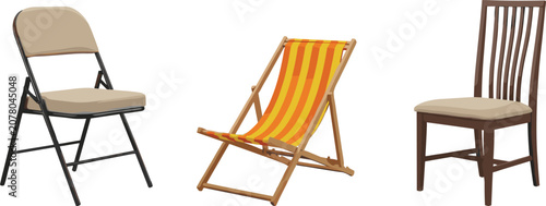 Foto Set of different chair types including folding chair deck chair and wooden dinin