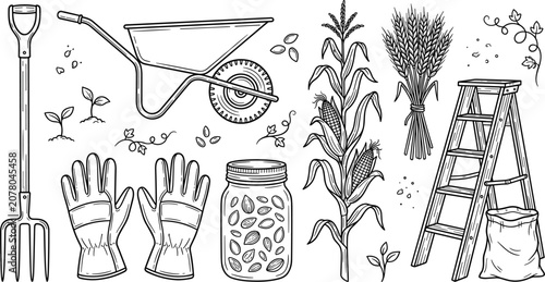 Bild auf Leinwand Hand drawn gardening agriculture outline icons set with wheelbarrow pitchfork gl