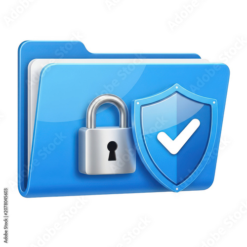 Blue computer folder with a silver padlock and a shield with a checkmark, representing secure file storage on a white background