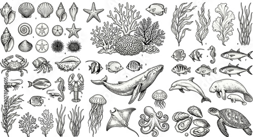 Foto Vector set of sea life and marine animals in vintage engraving style hand drawn