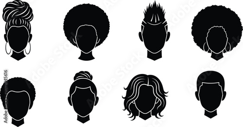 Set of diverse hairstyle silhouettes for men and women including afro bun short and long hair isolated collection