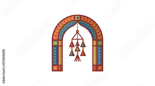 Colorful Traditional Indian Arch with Hanging Decorations.