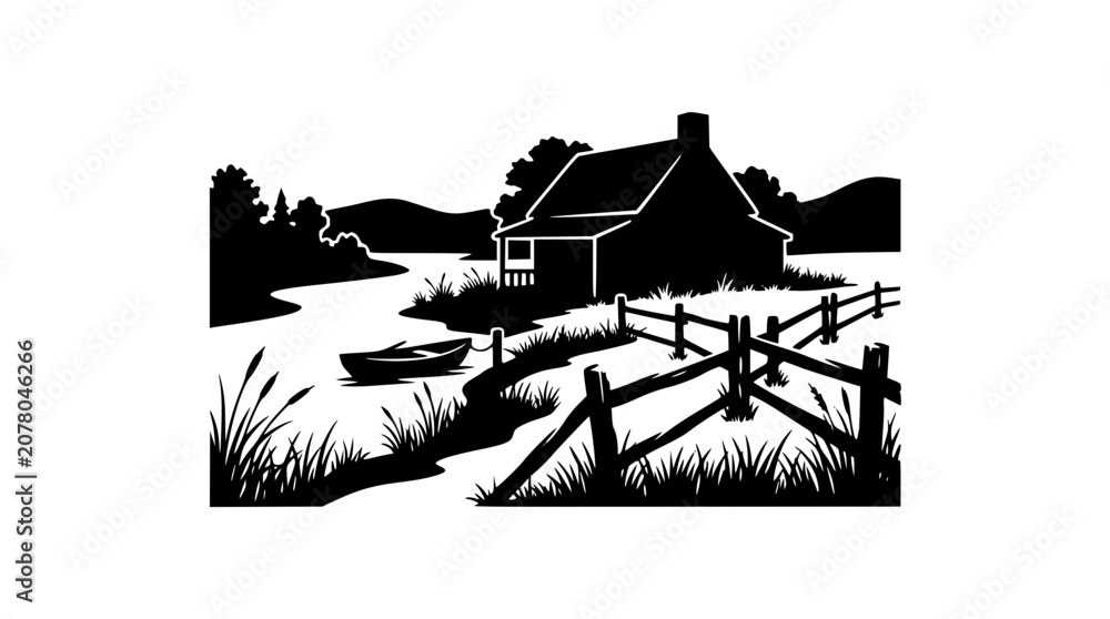 Obraz premium Black and White Cabin by the River Landscape Silhouette Illustration