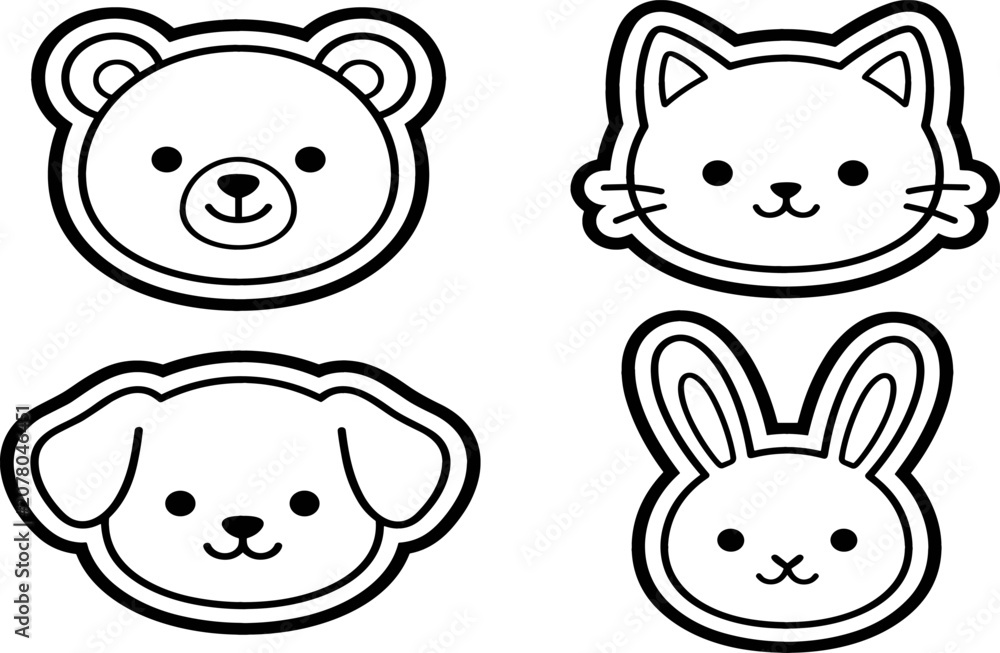 Fototapeta premium Cute Cartoon Kawaii Animal Face Line Art Vector Set with Bear Cat Dog and Bunny for Kids Coloring Pages and Sticker Designs