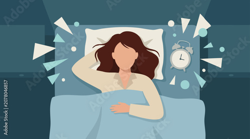 Photos Insomnia concept with woman lying awake in bed next to an alarm clock