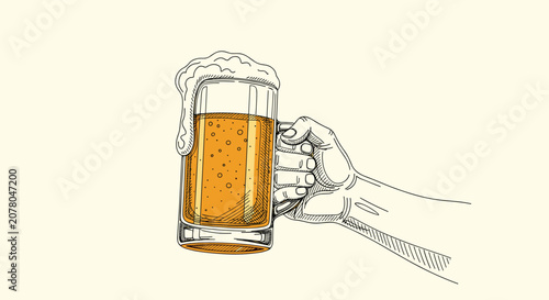 Detailed hand-drawn sketch of a person's hand raising a large glass mug of foaming beer against a light cream background.