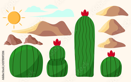 Cute Desert Cactus Collection Set with Mountains, Sun and Landscape Elements