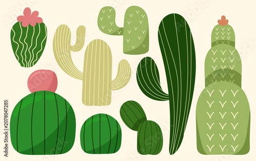 Cute Cartoon Cactus Collection Set in Flat Design Style Illustration